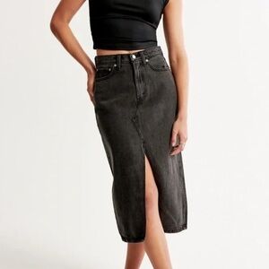 Abercrombie & Fitch High Rise Faded Black Split Front Hem Denim Midi Skirt 26
